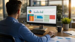 Profesional creando un cuadro de mando en Excel con gráficos y KPI