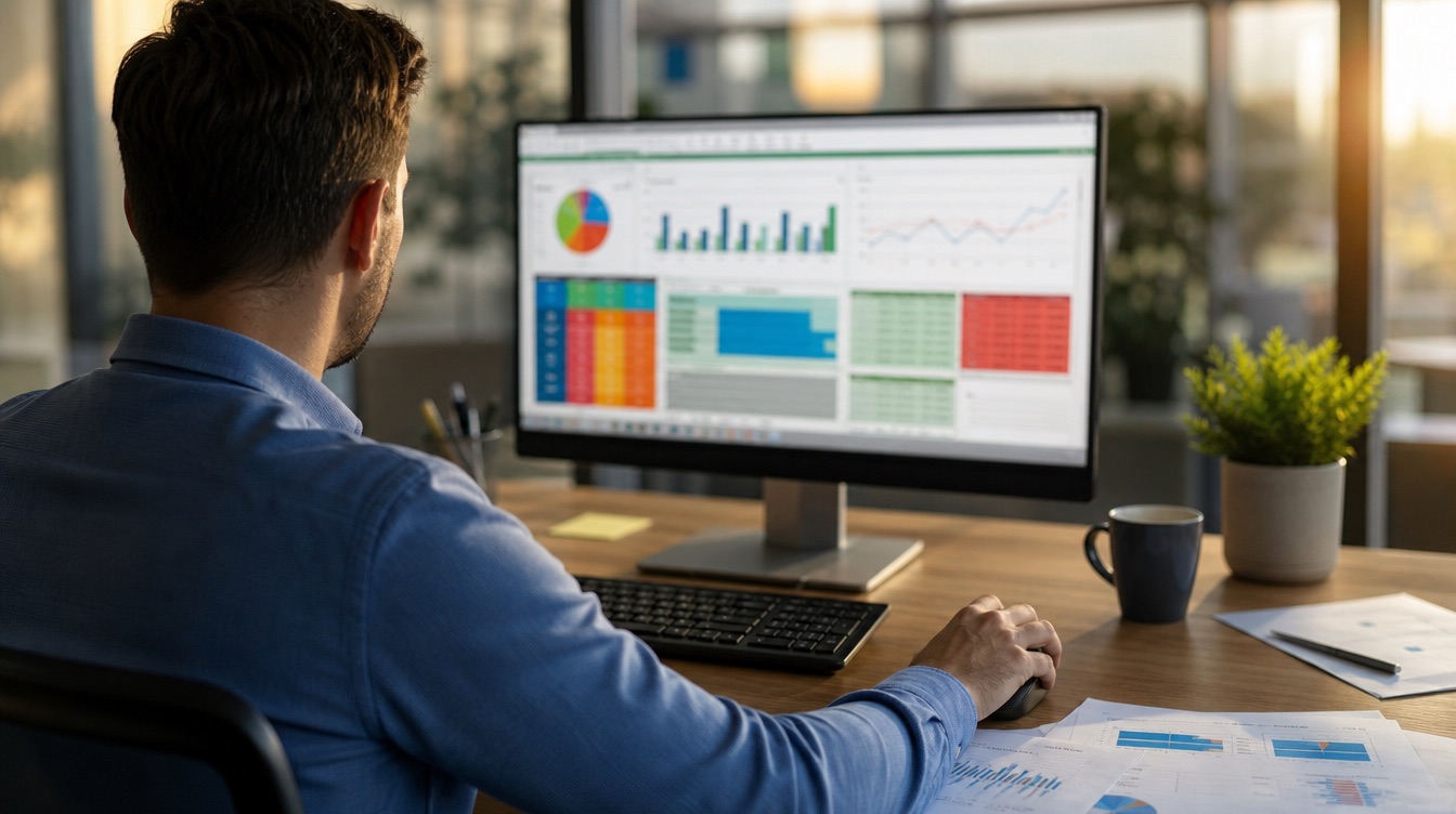 Profesional creando un cuadro de mando en Excel con gráficos y KPI