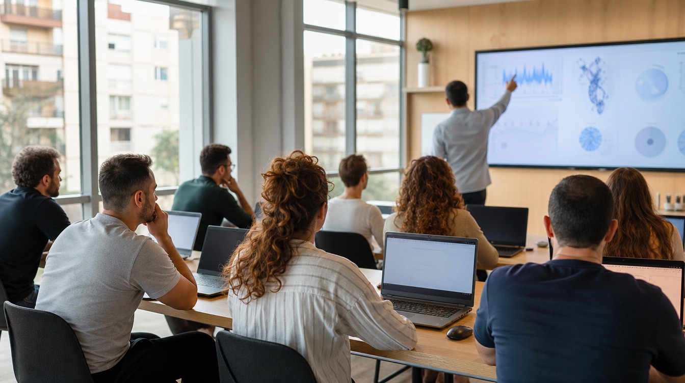 Clase práctica de inteligencia artificial con alumnos trabajando en portátiles